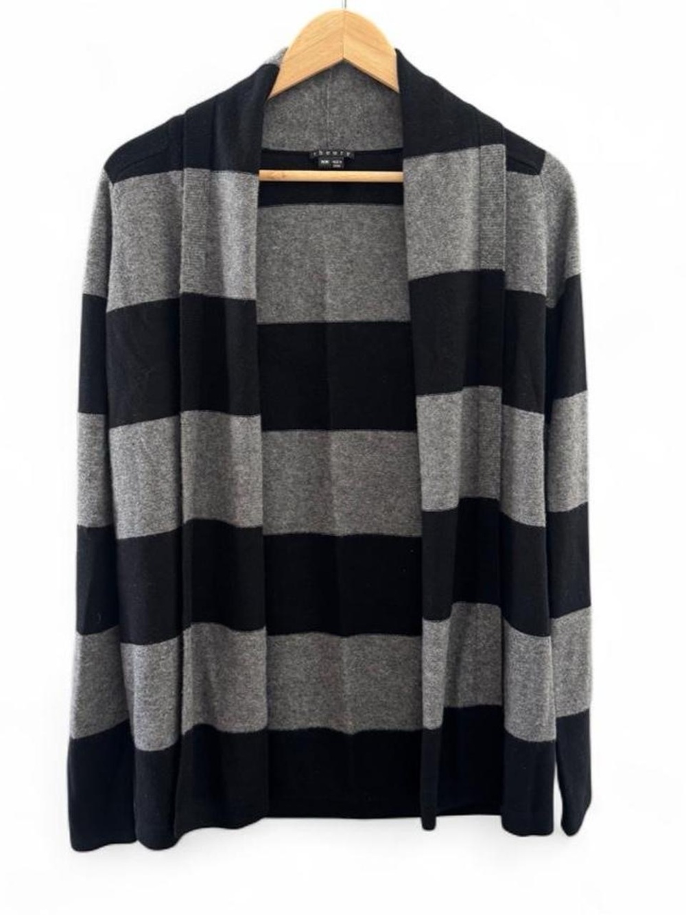 Theory 100% cashmere black and gray striped cardigan